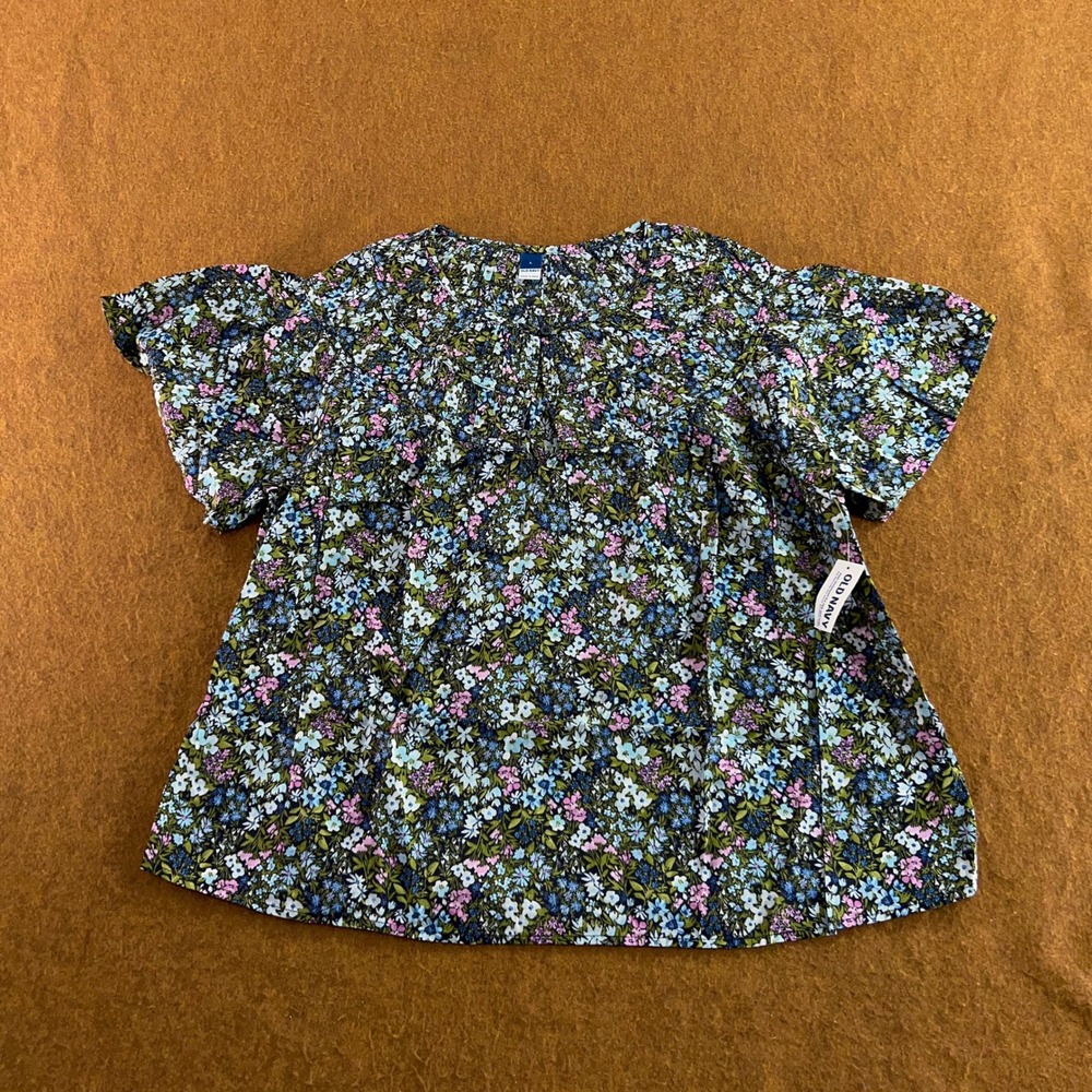 Old Navy Womens Large Blue Floral Cotton Flutter Sleeve Tiered Blouse NWT